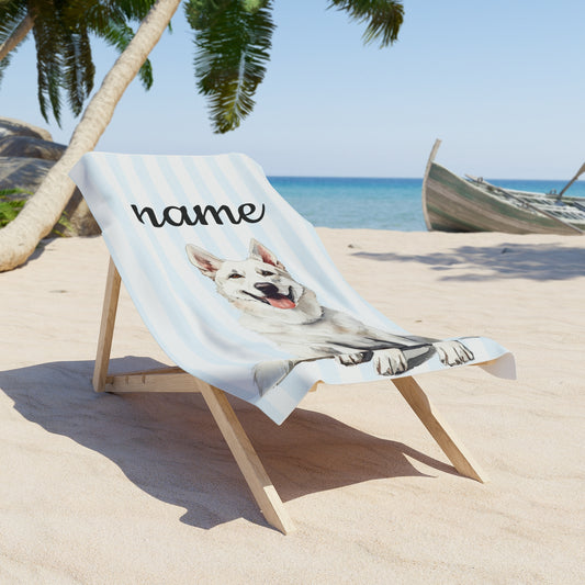 Custom Name White German Shepherd Beach Towel