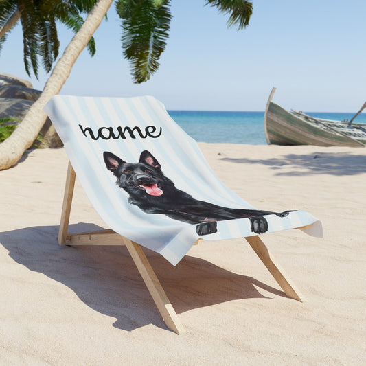 Custom Name Black German Shepherd Beach Towel
