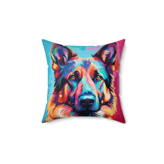 Abstract watercolor German Shepherd pillow shown against a white background