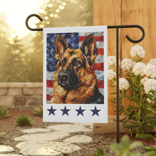 Patriotic German Shepherd garden flag displayed in front yard garden, pole sold separately