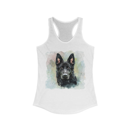 White racerback tank top with black German Shepherd watercolor portrait, front view