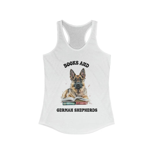 White women's racerback tank top with German Shepherd sitting on stack of books, front view