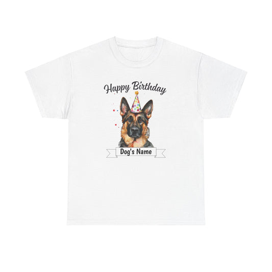 Custom birthday German Shepherd t-shirt flat lay on white background