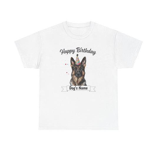 Custom birthday sable German Shepherd t-shirt flat lay on white background. GSD wearing a Bday hat