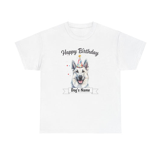 Custom White t-shirt with a graphic of a German Shepherd wearing a birthday hat with the text 'Happy Birthday'