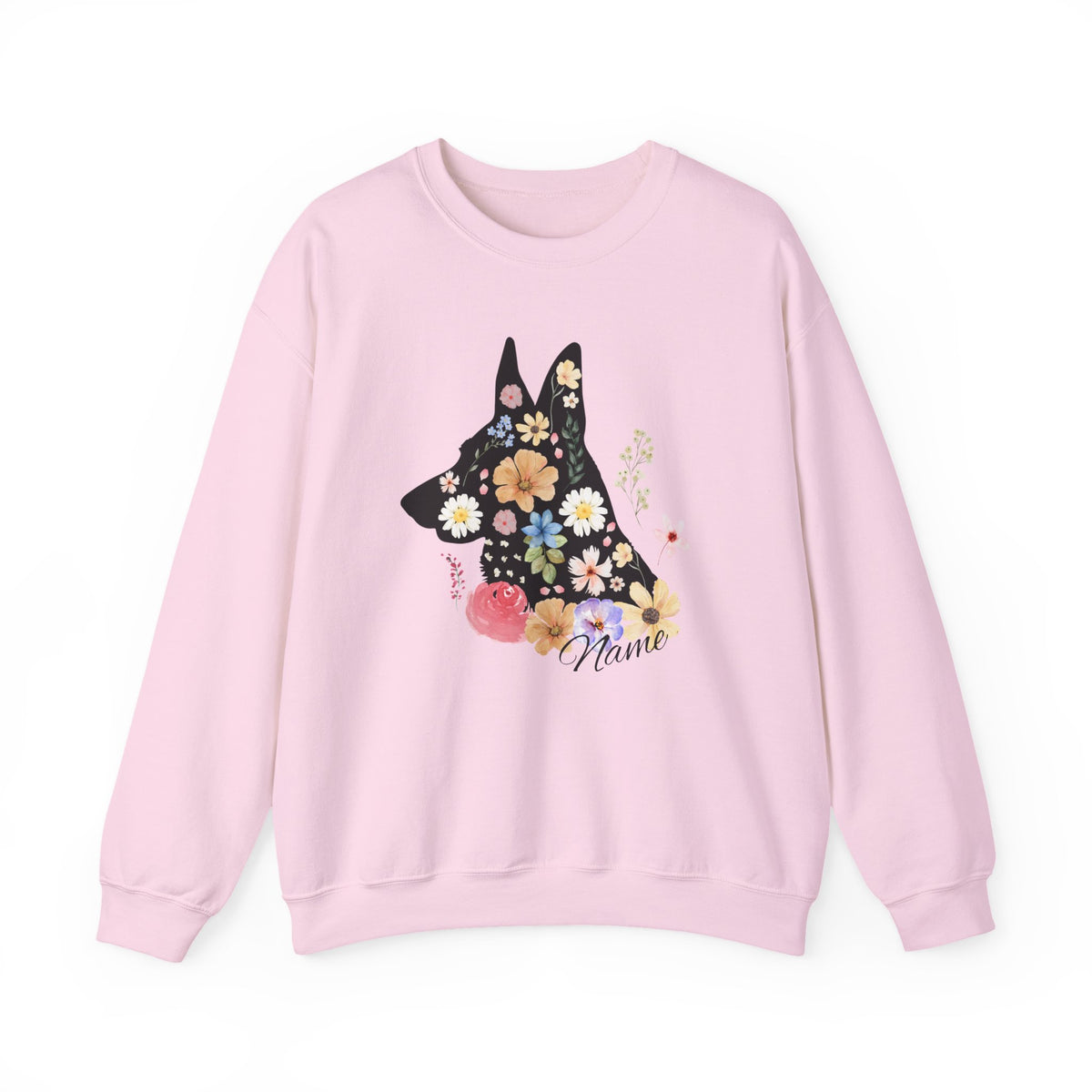 Pink custom floral German Shepherd sweatshirt with personalized dog design