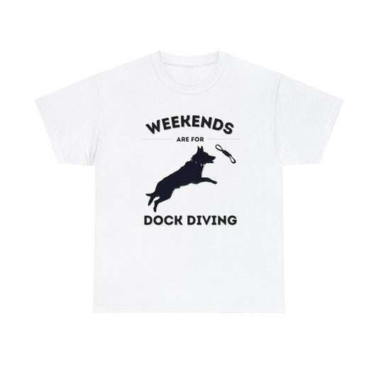 White t-shirt with jumping German Shepherd silhouette, Weekends Are For Dock Diving