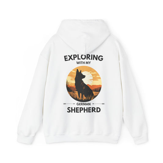 White Exploring With My German Shepherd hoodie back view featuring German Shepherd outdoor adventure graphic