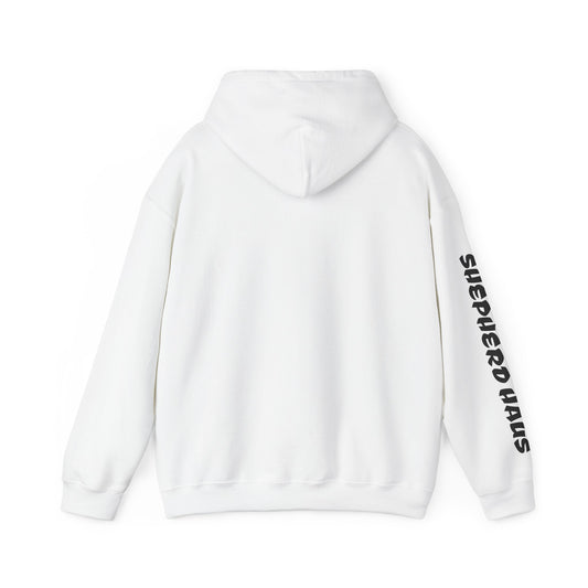 White Fierce German Shepherd hoodie back view with German Shepherd graphic and sleeve design