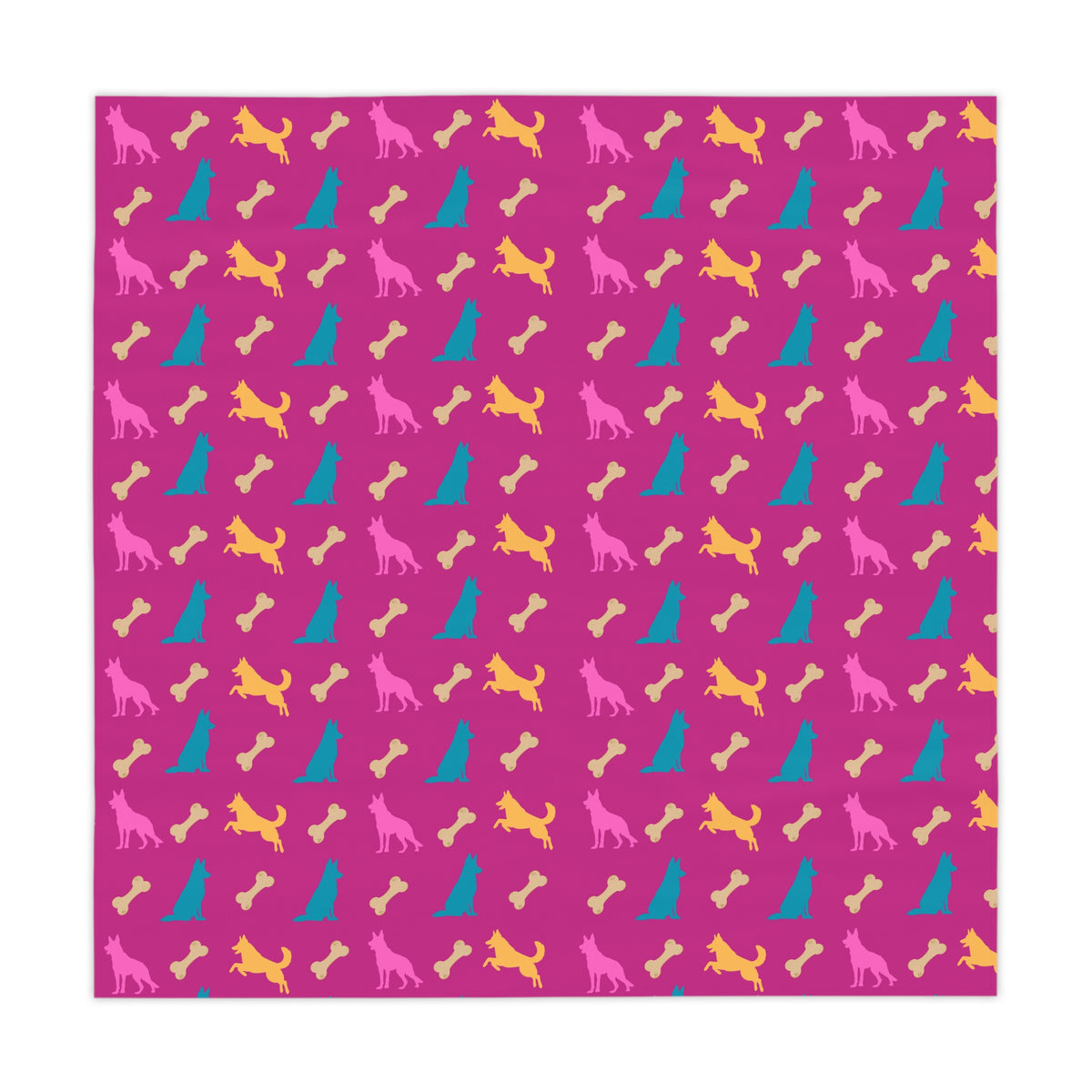 Pink German Shepherd birthday tablecloth flat lay showing full design on white background