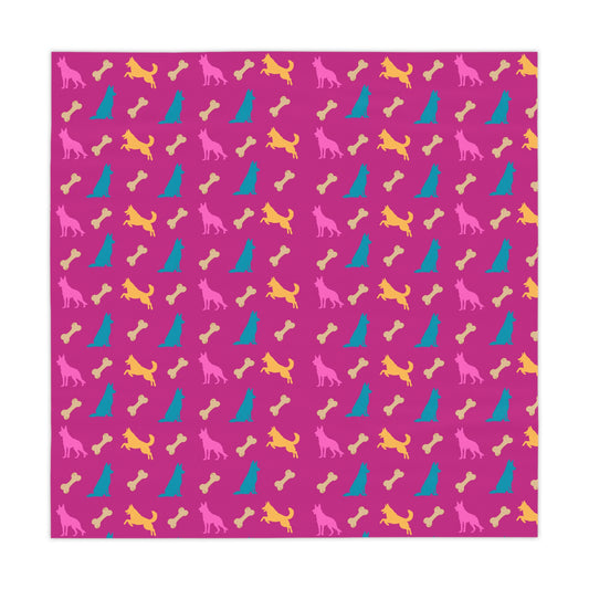 Pink German Shepherd birthday tablecloth flat lay showing full design on white background