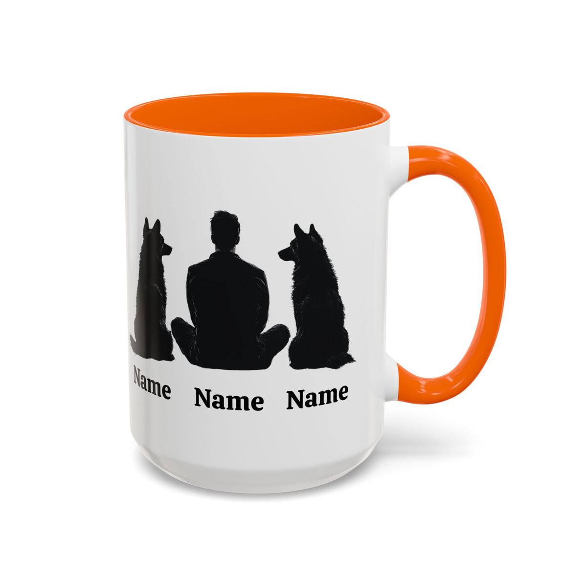 German Shepherd dad custom mug with two dogs and owner names, orange inside and handle