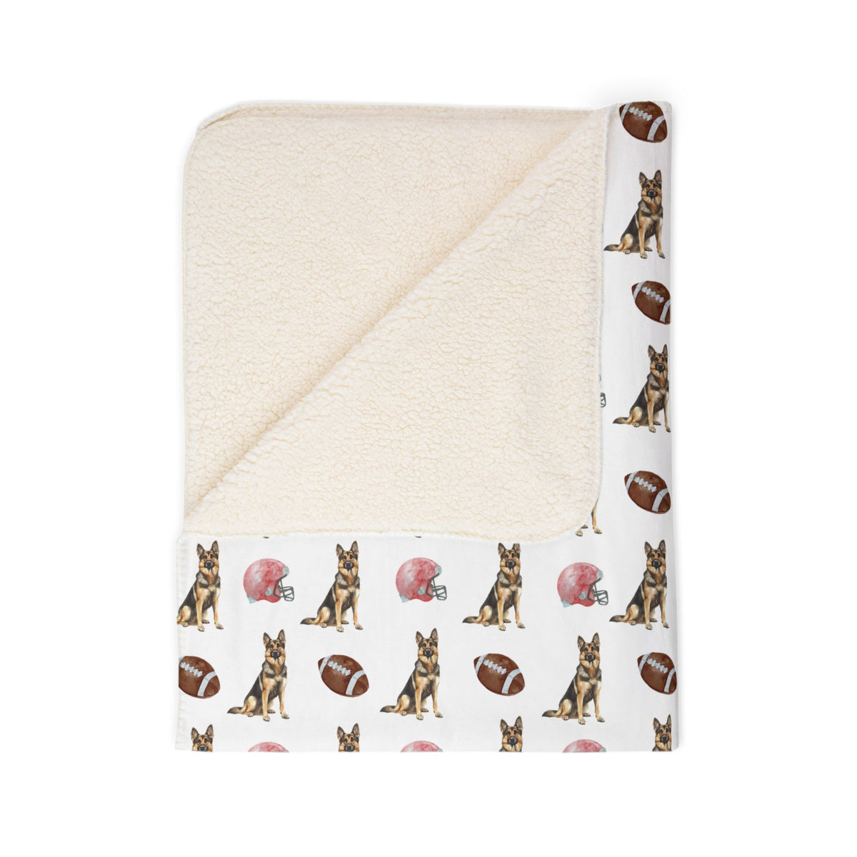 German Shepherd football blanket folded showing cream backing, fleece throw in beige