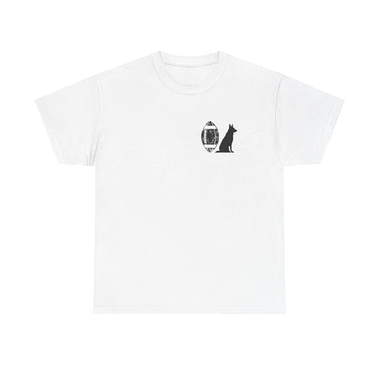 White German Shepherd football t-shirt with small chest print, front view