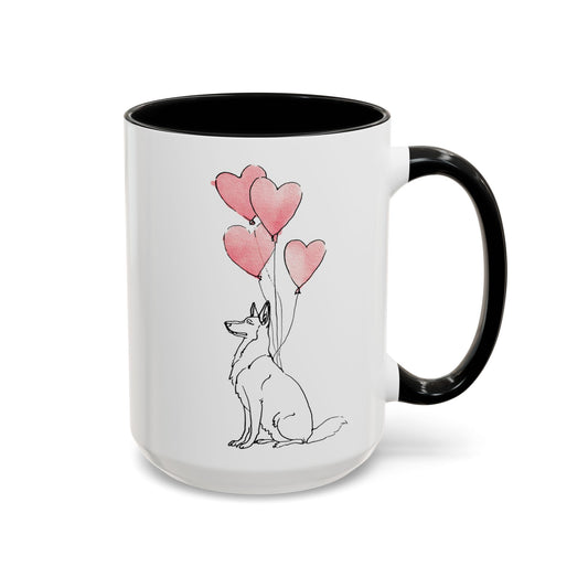 German Shepherd heart balloon coffee mug with pink heart balloons, black inside and handle