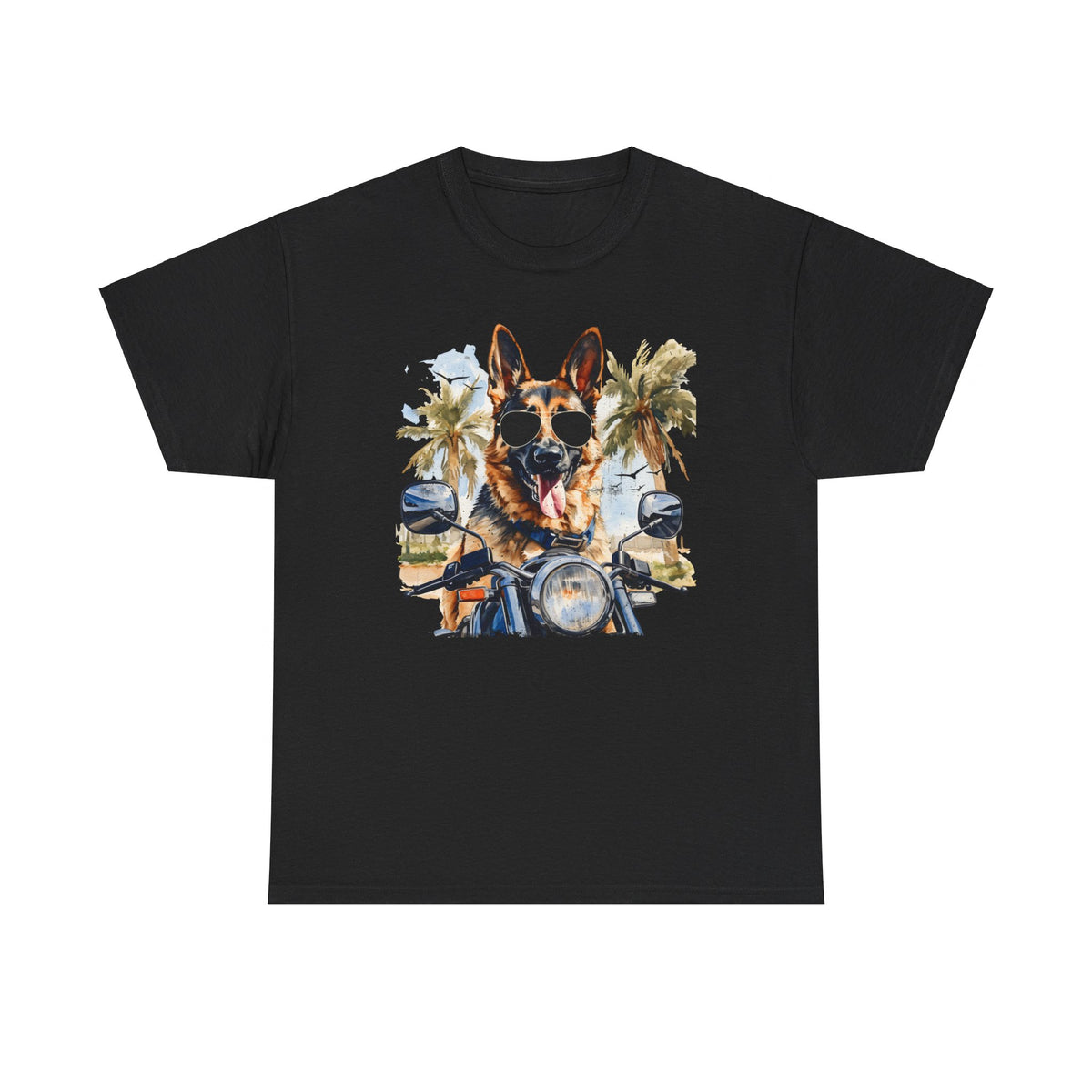 Black German Shepherd Motorcycle t-shirt, cool dog in sunglasses summer ride design