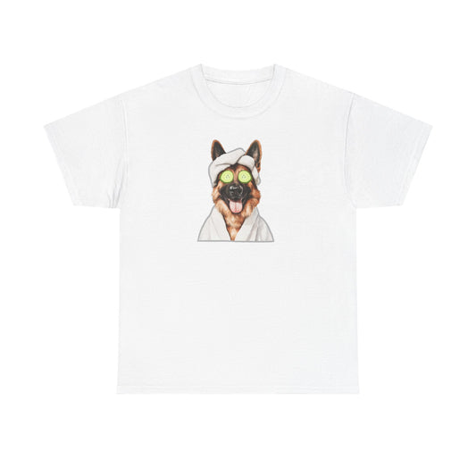 White t-shirt with funny German Shepherd in face mask, cucumber slices and spa towel