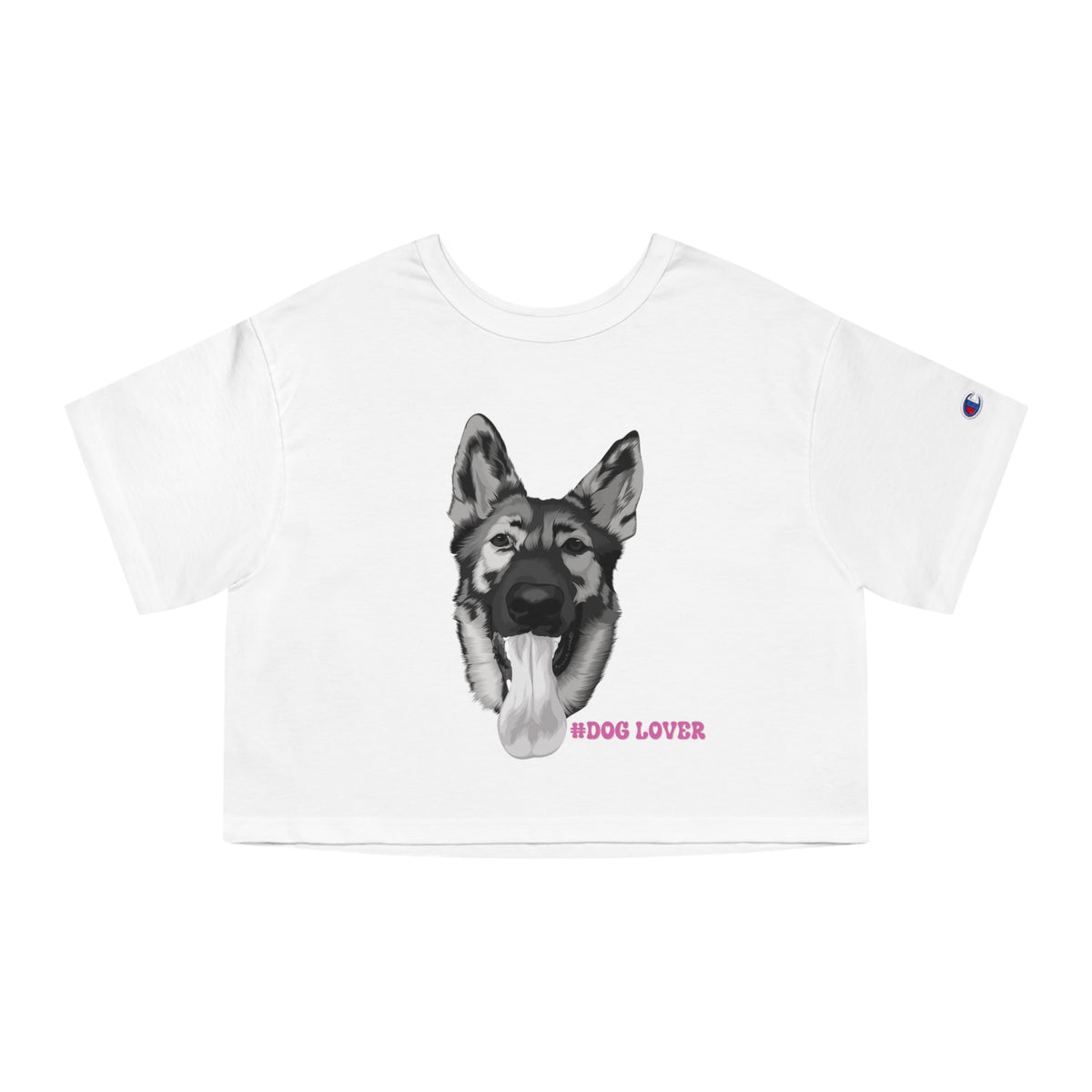 White women's crop top with German Shepherd sketch and pink Dog Lover text
