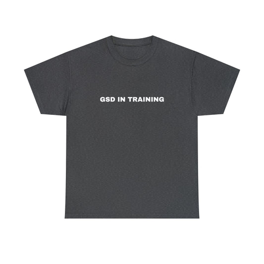 Dark heather women's GSD In Training t-shirt with small chest text, front view