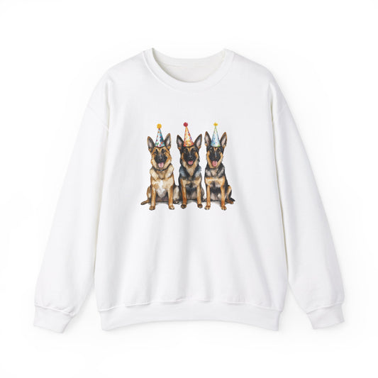 White birthday sweatshirt with three German Shepherds in party hats on white background