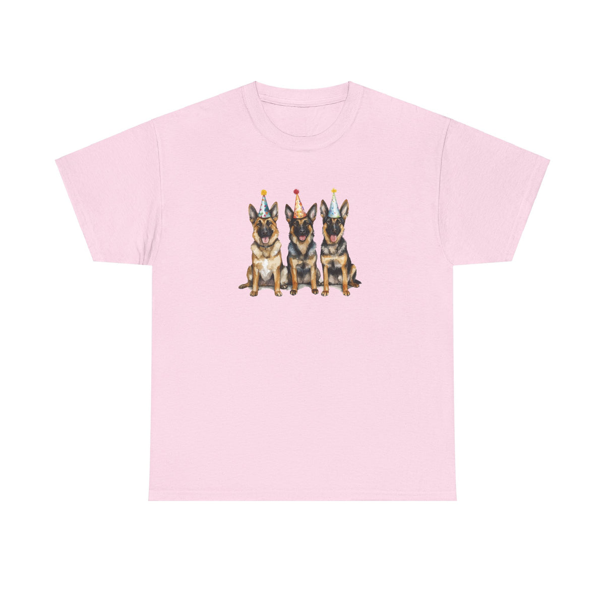 Pink birthday t-shirt with three German Shepherds in party hats on white background
