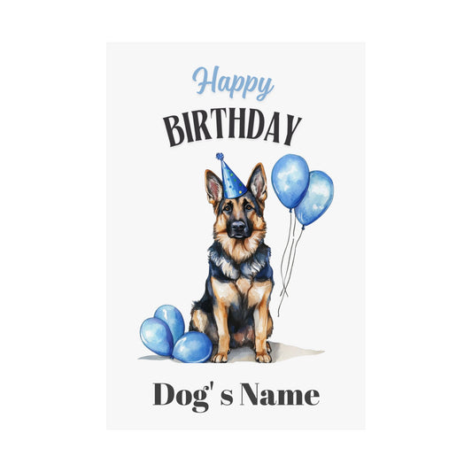 Custom German Shepherd birthday poster with blue balloons and name, flat on white background