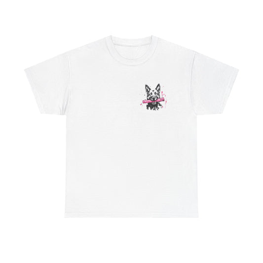 Front of white Pretty In Grip German Shepherd women's t-shirt with small chest print