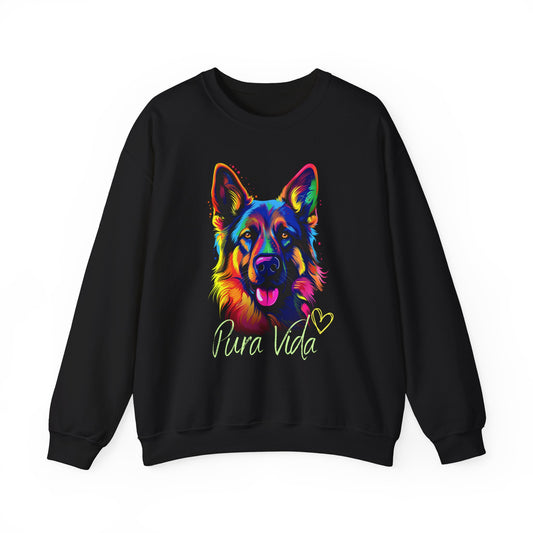 Pura Vida German Shepherd sweatshirt featuring colorful German Shepherd artwork on the front