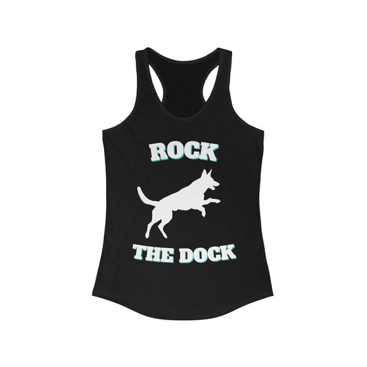 Black women's racerback tank top with leaping German Shepherd, Rock The Dock text