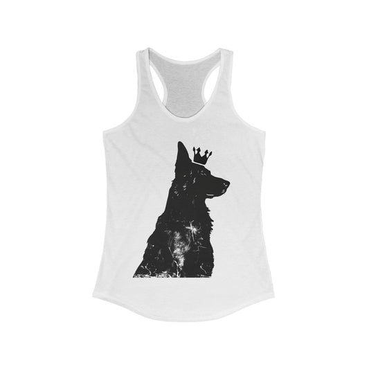 White women's racerback tank top with German Shepherd silhouette wearing a crown, front view