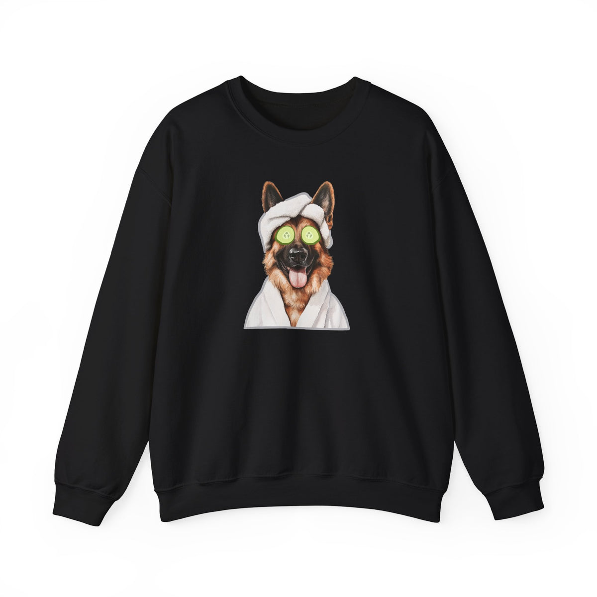 Black Spa Time German Shepherd sweatshirt with relaxing dog graphic design