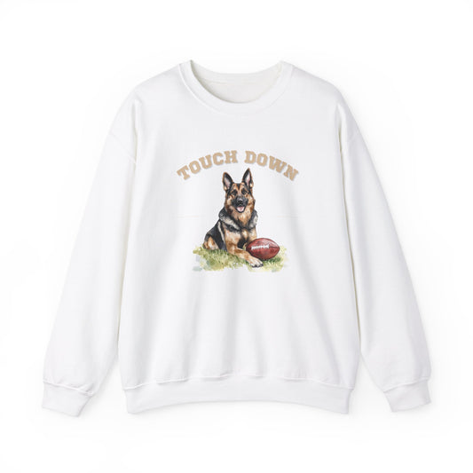 White Touchdown German Shepherd football sweatshirt with German Shepherd graphic