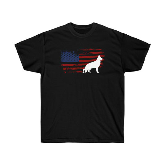 Black men's t-shirt with distressed American flag and white German Shepherd silhouette