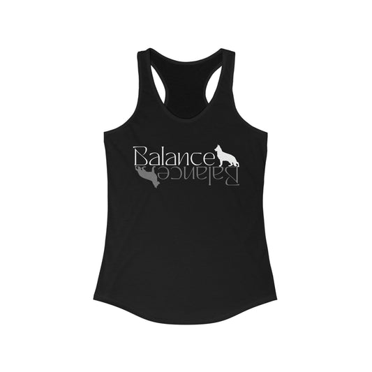 Black Balance women's racerback tank top with German Shepherd silhouette design'
