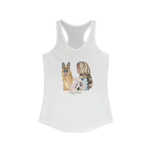 White women's racerback tank top with watercolor woman and German Shepherd Dog Mom design