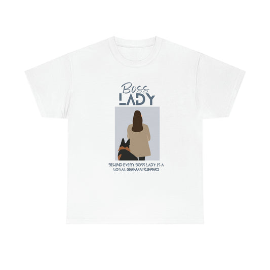 White women's Boss Lady t-shirt with woman and German Shepherd design