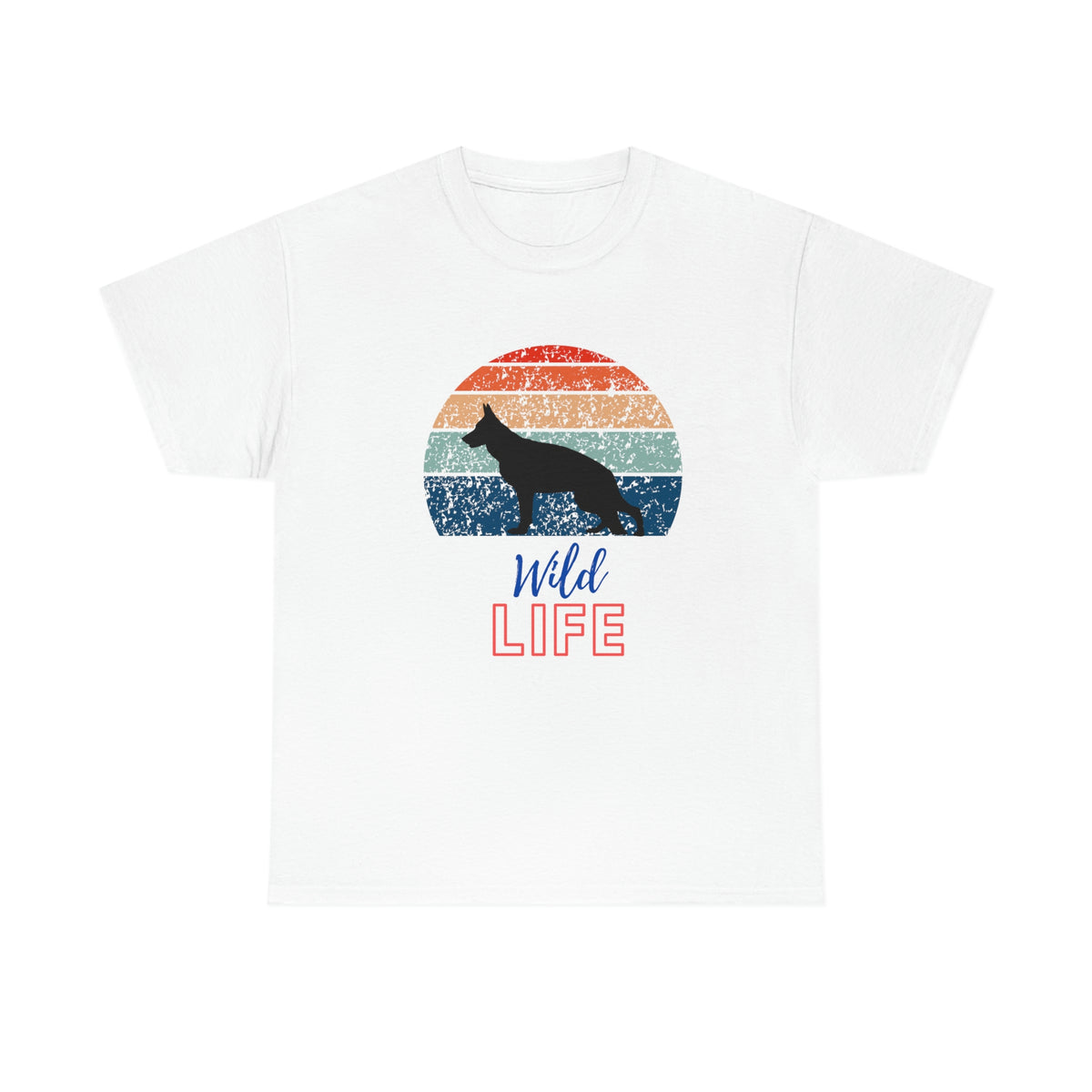 White women's t-shirt with German Shepherd silhouette in retro sunset circle, Wild text