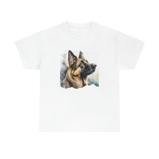 White women's t-shirt with watercolor German Shepherd portrait on white background