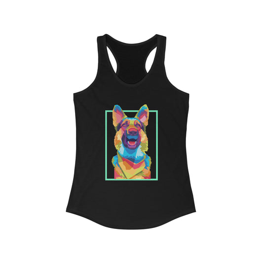 Black women's racerback tank top with colorful neon pop art German Shepherd portrait