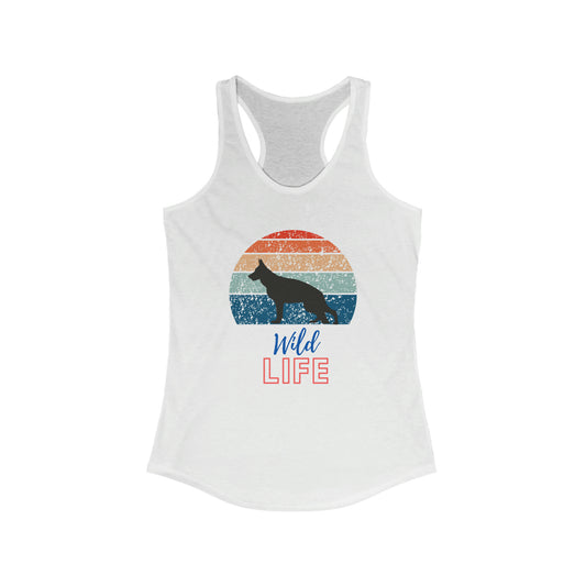 White women's racerback tank top with German Shepherd in retro sunset circle, Wild Life text