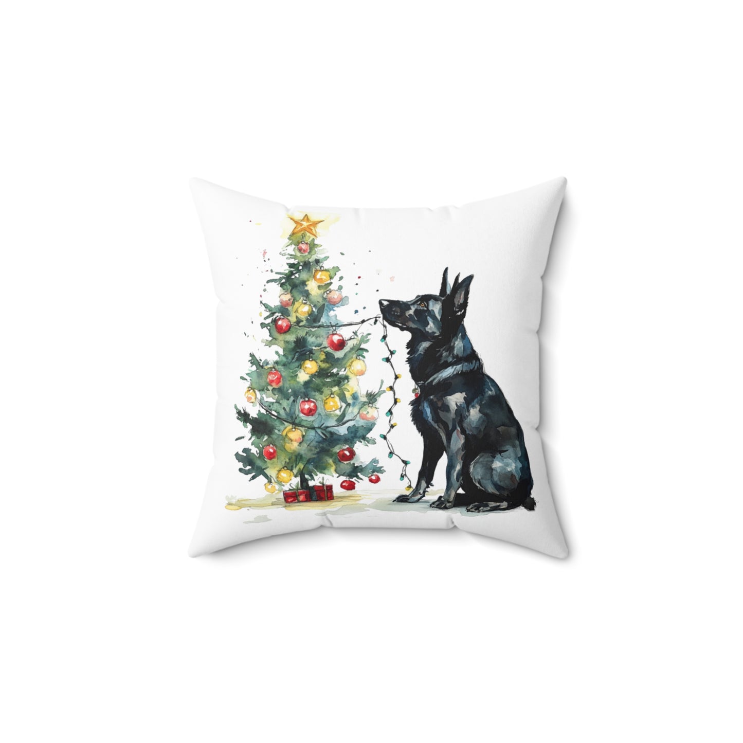 Black GSD Christmas Lights Pillow