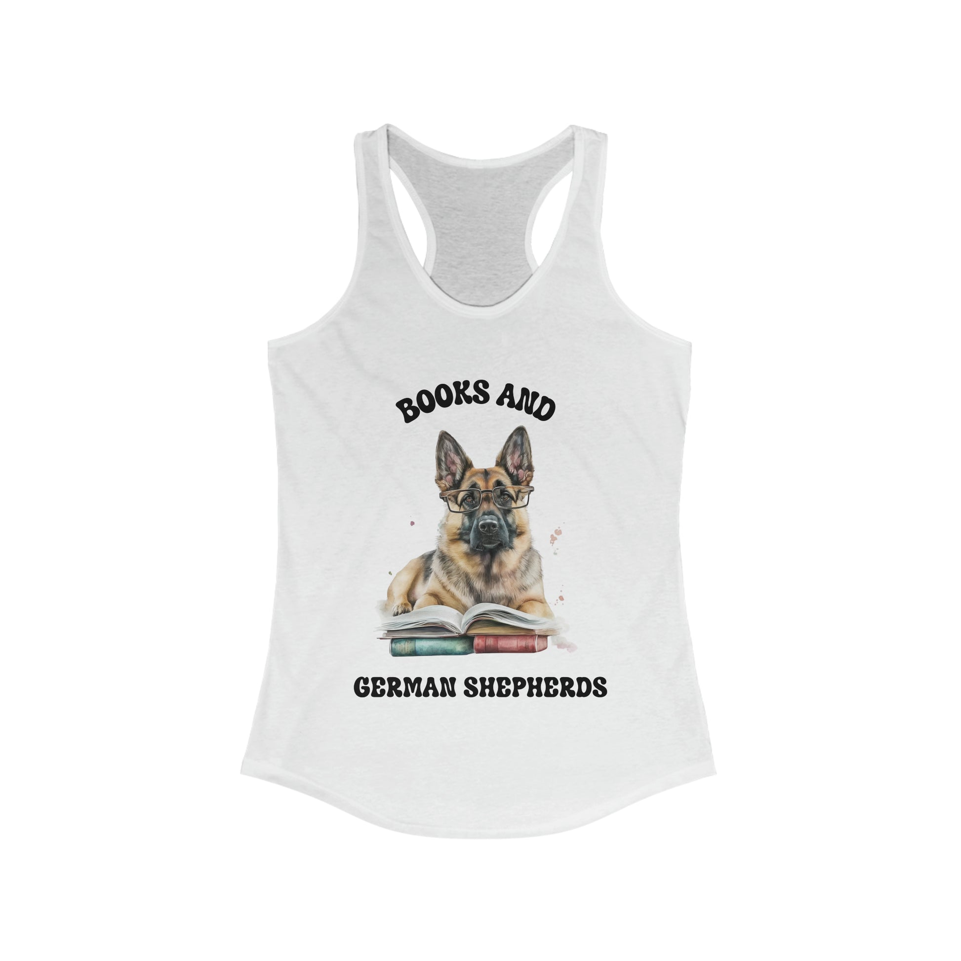 Women's White German Shepherd Dog tank top that has German Shepherd reading books