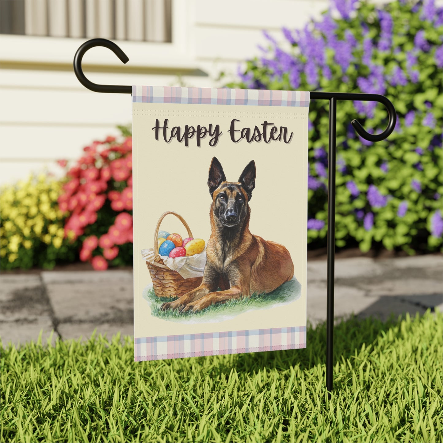 Happy Easter Belgian Malinois Plaid Banner