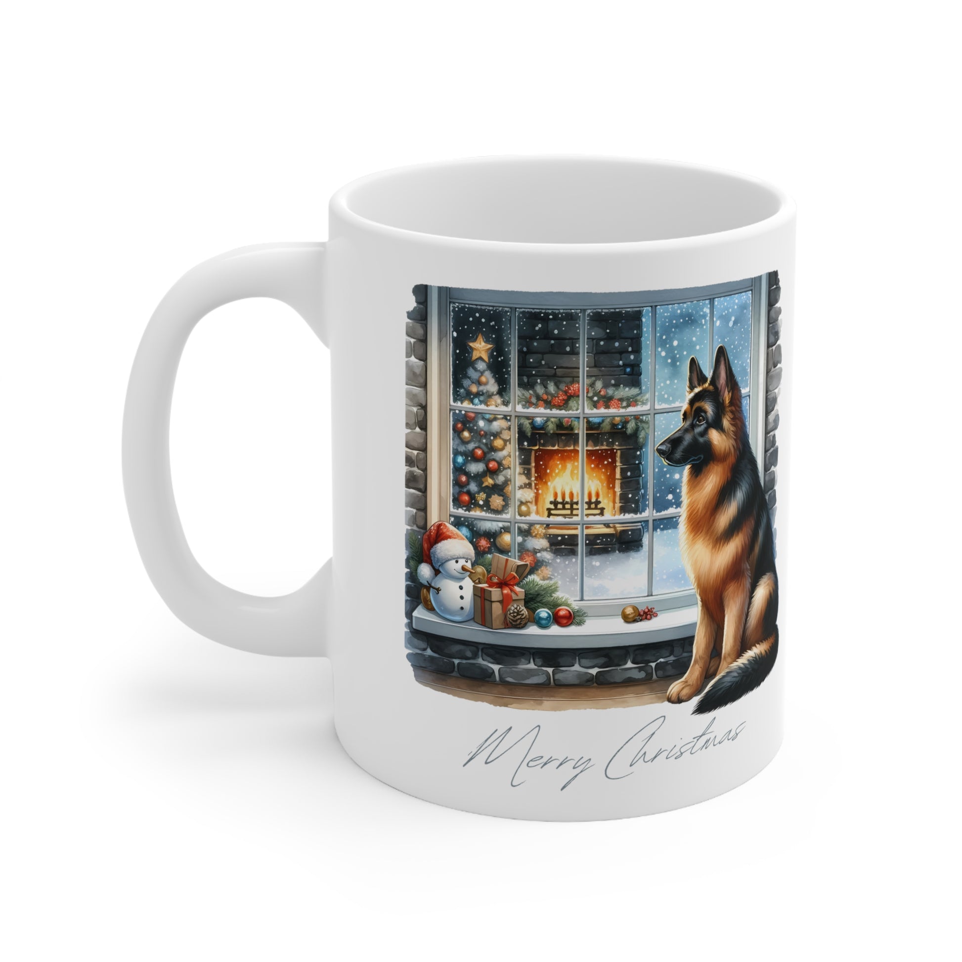 white Christmas mug with a realistic picture of a german shepherd sitting by a window looking at the snow and by a small fireplace