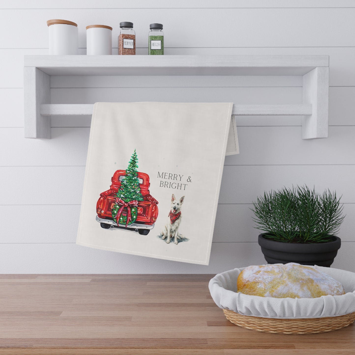 Merry and Bright White GSD Christmas Kitchen Towel