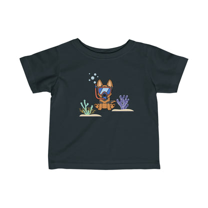 Black German Shepherd Dog Tshirt for baby boy. featuring a GSD dog puppy wearing googles under the water. 