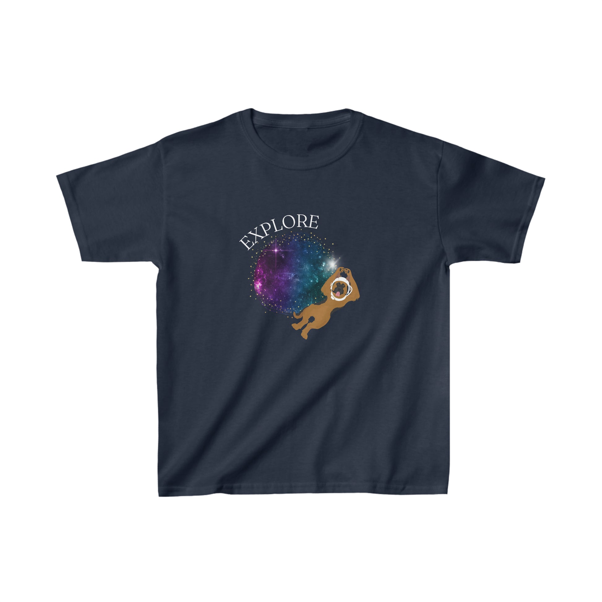 Kid's cartoon German Shepherd Dog black T-Shirt that says 'explore' 