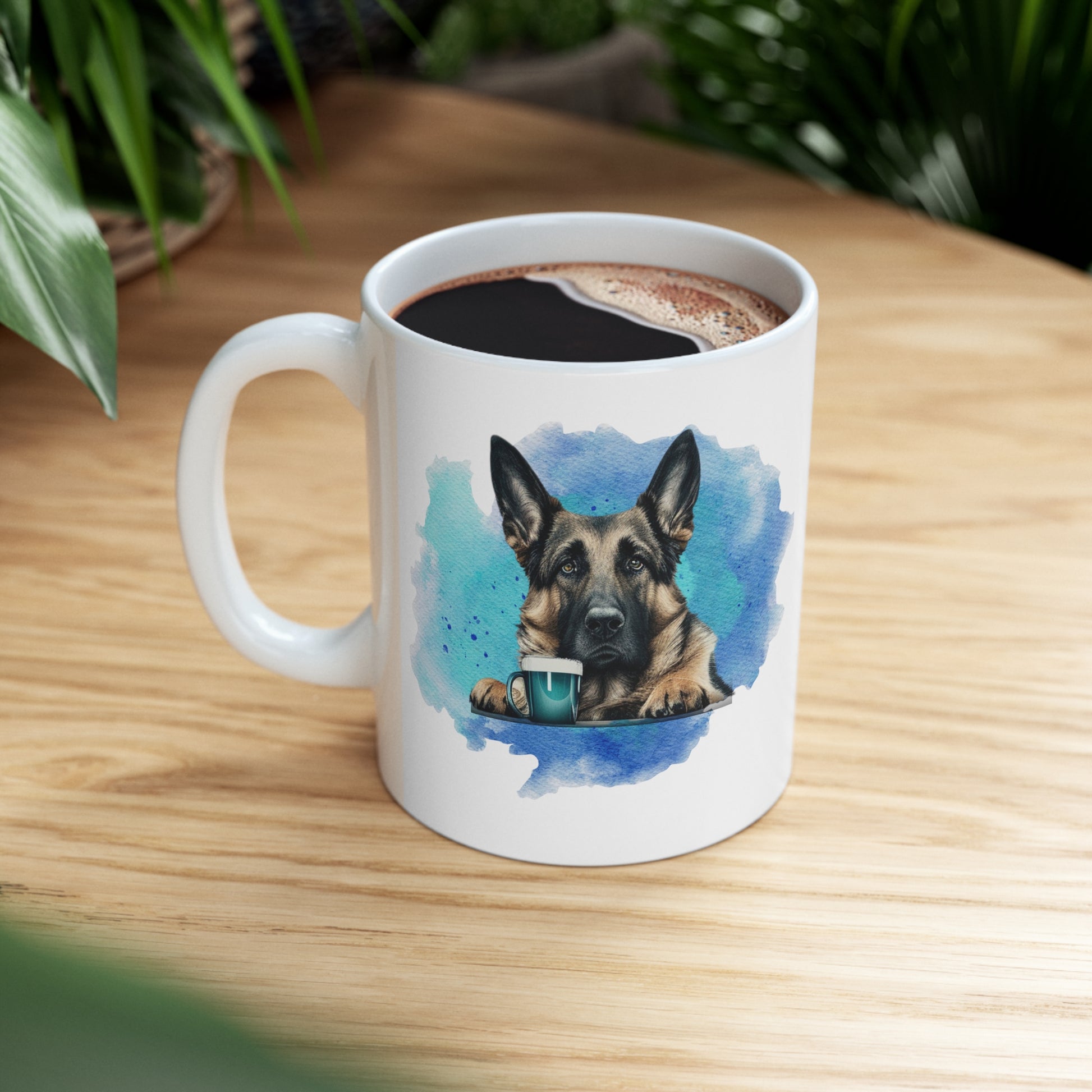  German Shepherd Dog 11oz Mug –  featuring a GSD with a cup of coffee and a captivating blue watercolor background. 