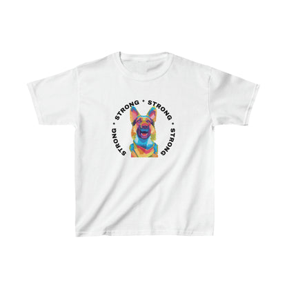 German Shepherd Dog Kid's white T-Shirt that says 'Strong'