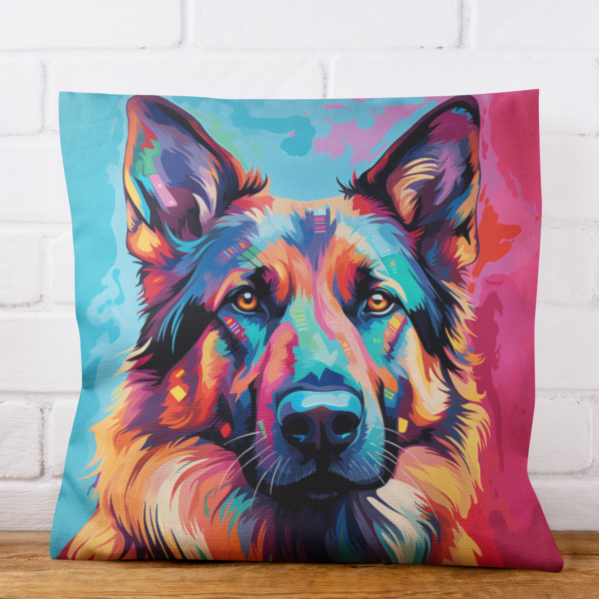 Abstract watercolor German Shepherd throw pillow in a splash of color